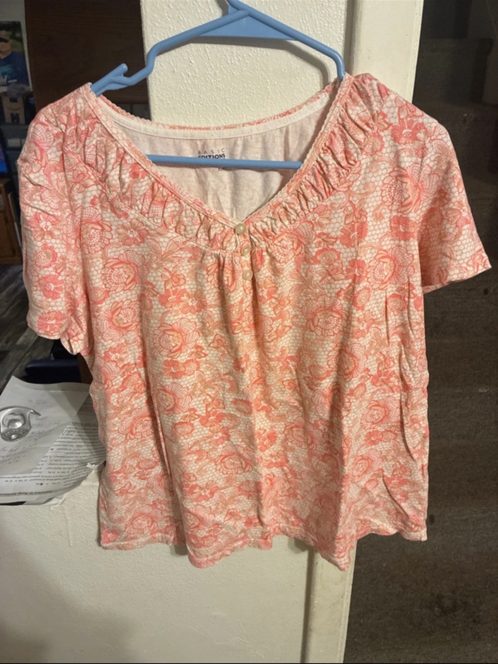 Basic Editions Coral Pink Floral Short Sleeve Blouse